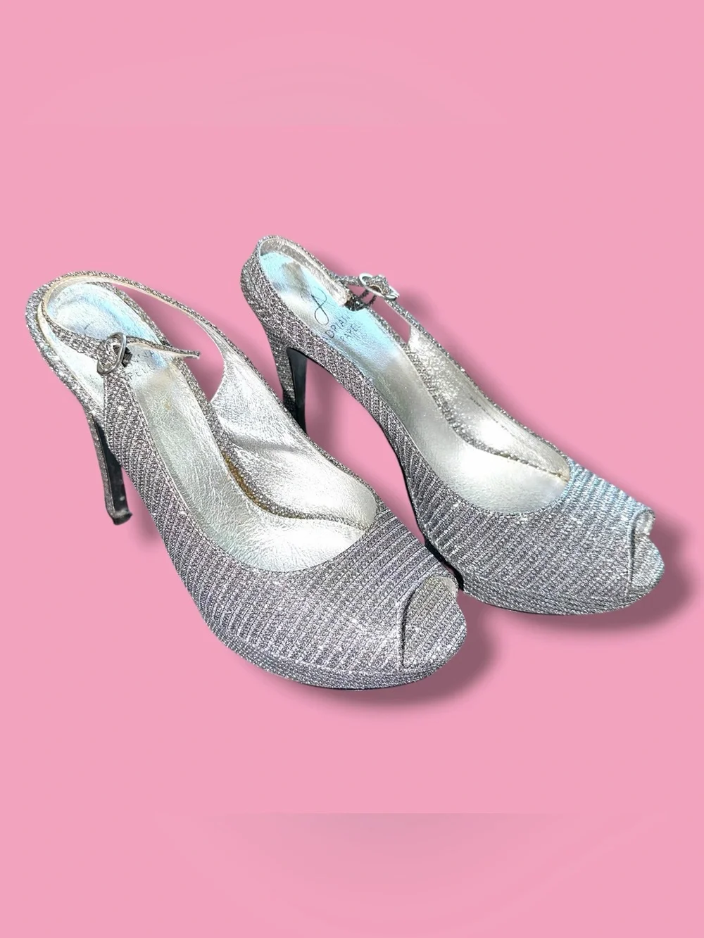 Adrianna Papell Silver Glitter Peep-Toe Slingback Heels
